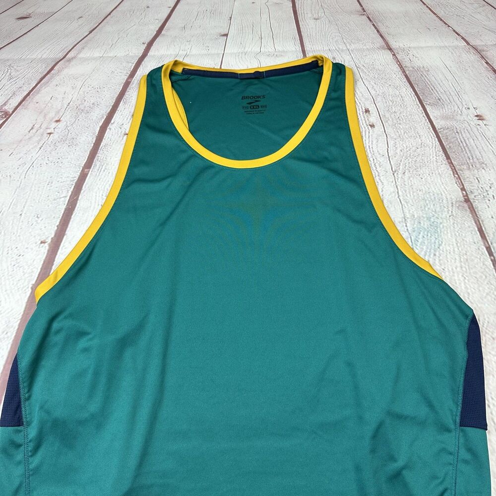 Brooks Running Shirt Mens XXL Green Yellow Singlet Tank Mesh Racing 211220 - Picture 2 of 11